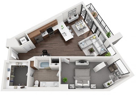 Floor plan for 1 bed, 1 bath, 1057 sqft